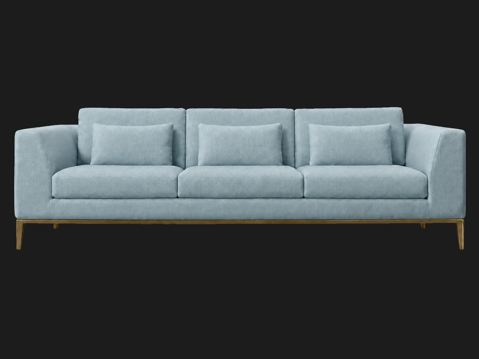 Italia Taper Arm 3-Cushion Sofa — Performance Velvet Sky — Matte Brass — front-source-1 #Fabric & Color_Performance Velvet Sky