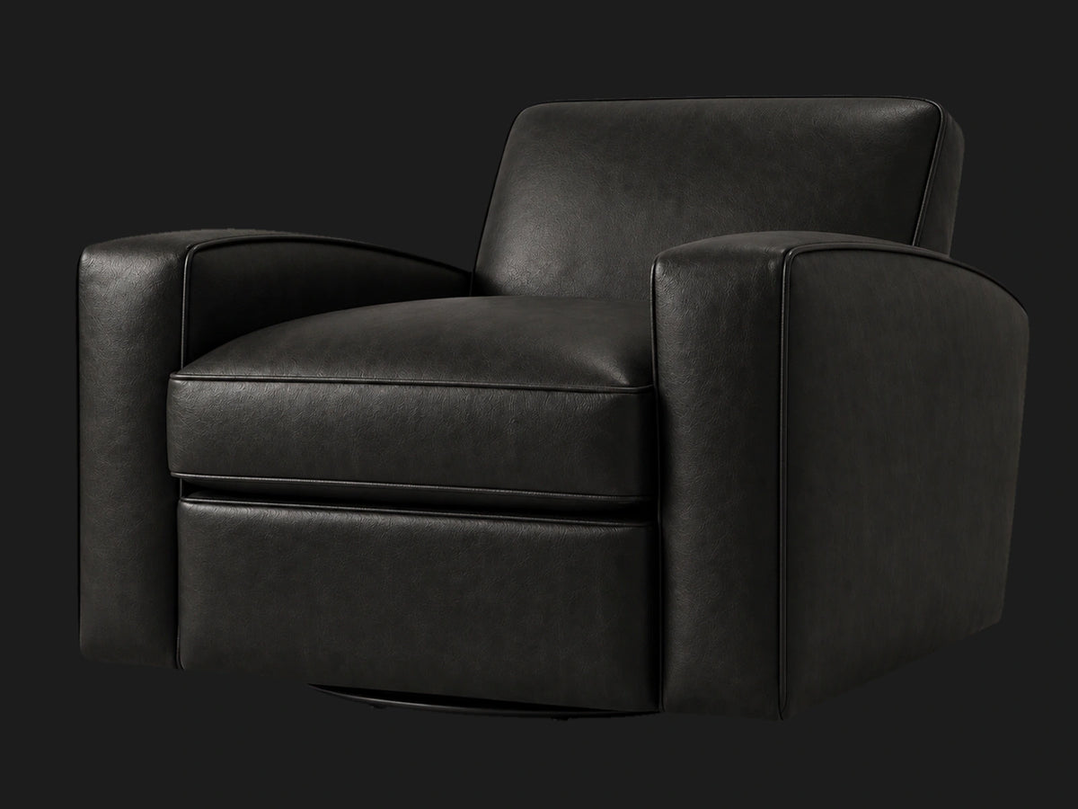 Edgewood leather swivel chair 45-degree view in Top Grain Aniline Leather Black