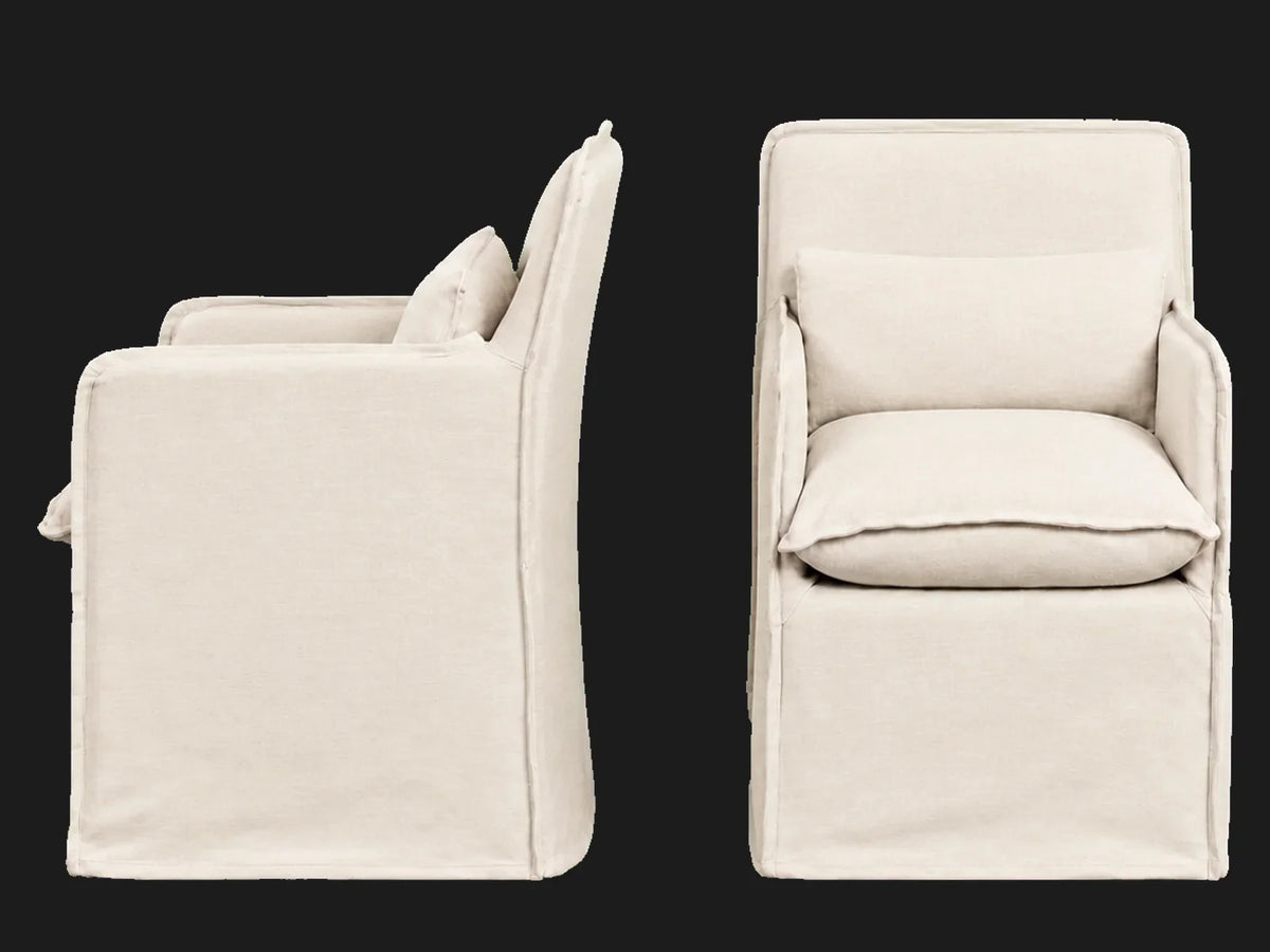 Melo Dining Chair 2-piece set in Light Weight Linen Water Lily - side and front views