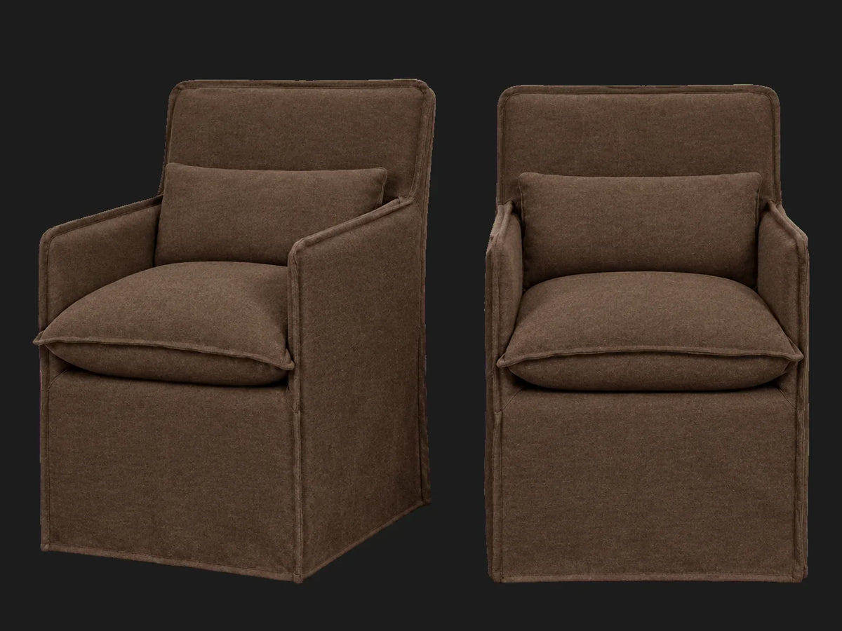 Melo Dining Chair 2-piece set in Italian Brushed Wool Cocoa - front and three-quarter views #Fabric & Color_Italian Brushed Wool Cocoa