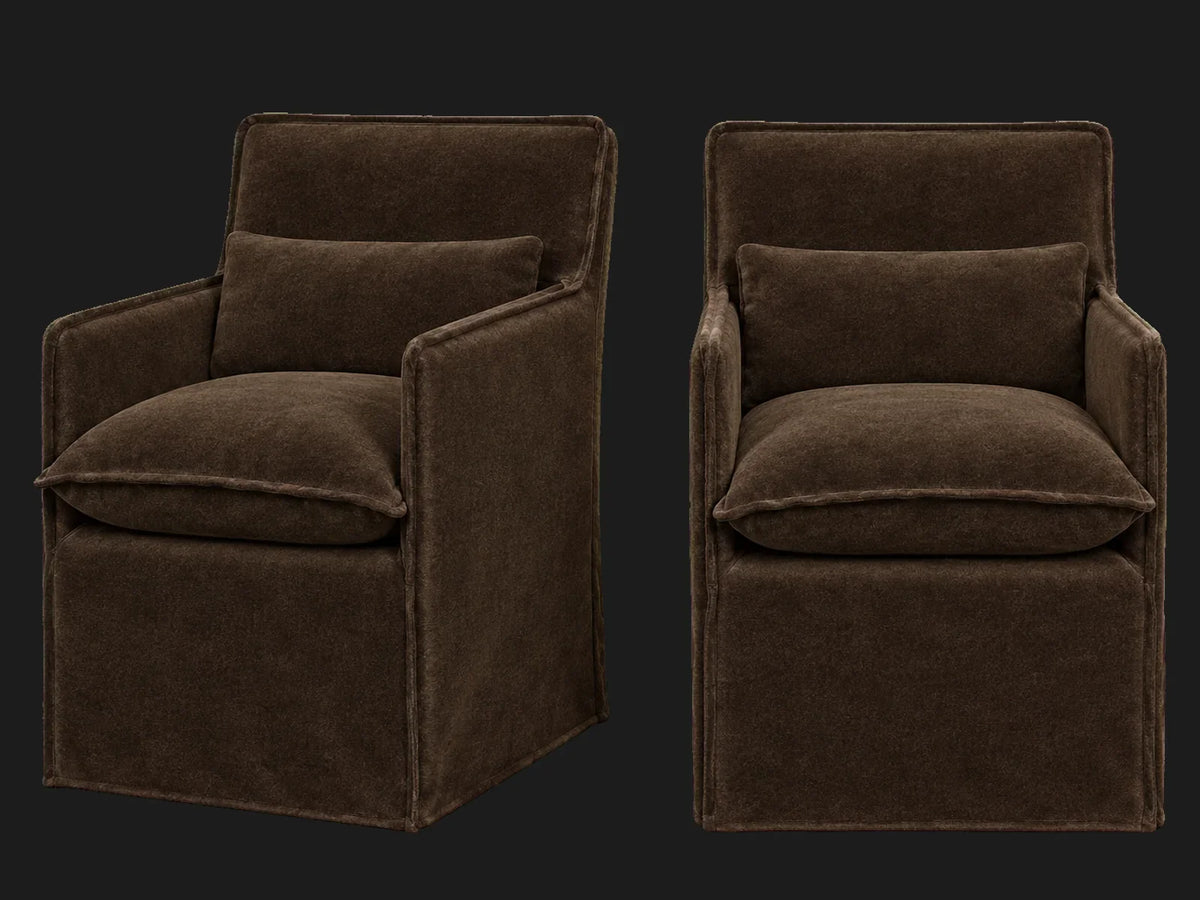 Melo Dining Chair 2-piece set in Mohair Chocolate - front and three-quarter views #Fabric & Color_Mohair Chocolate