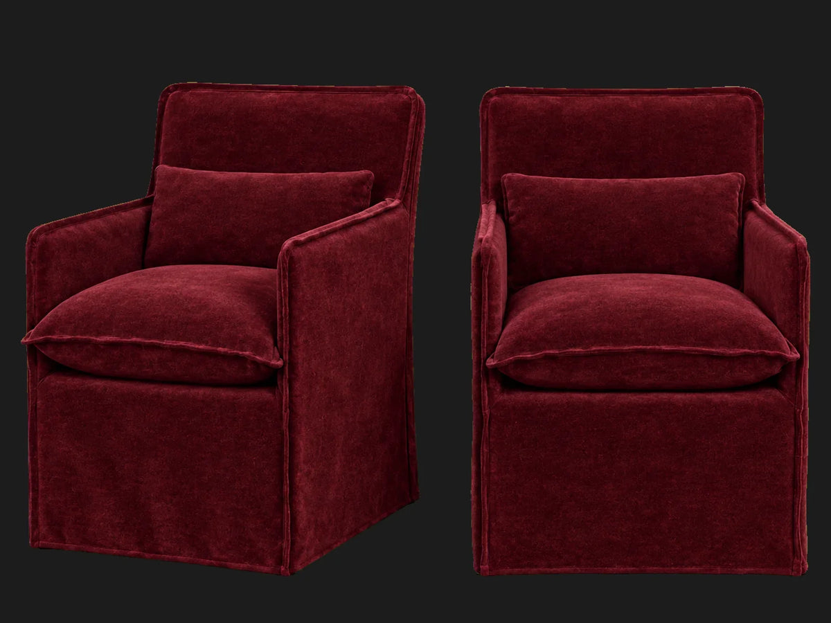 Melo Dining Chair 2-piece set in Mohair Crimson - front and three-quarter views #Fabric & Color_Mohair Crimson