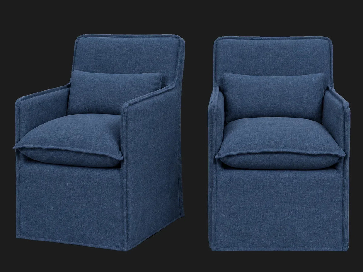 Melo Dining Chair 2-piece set in Performance Linen Weave Bay - front and three-quarter views #Fabric & Color_Performance Linen Weave Bay