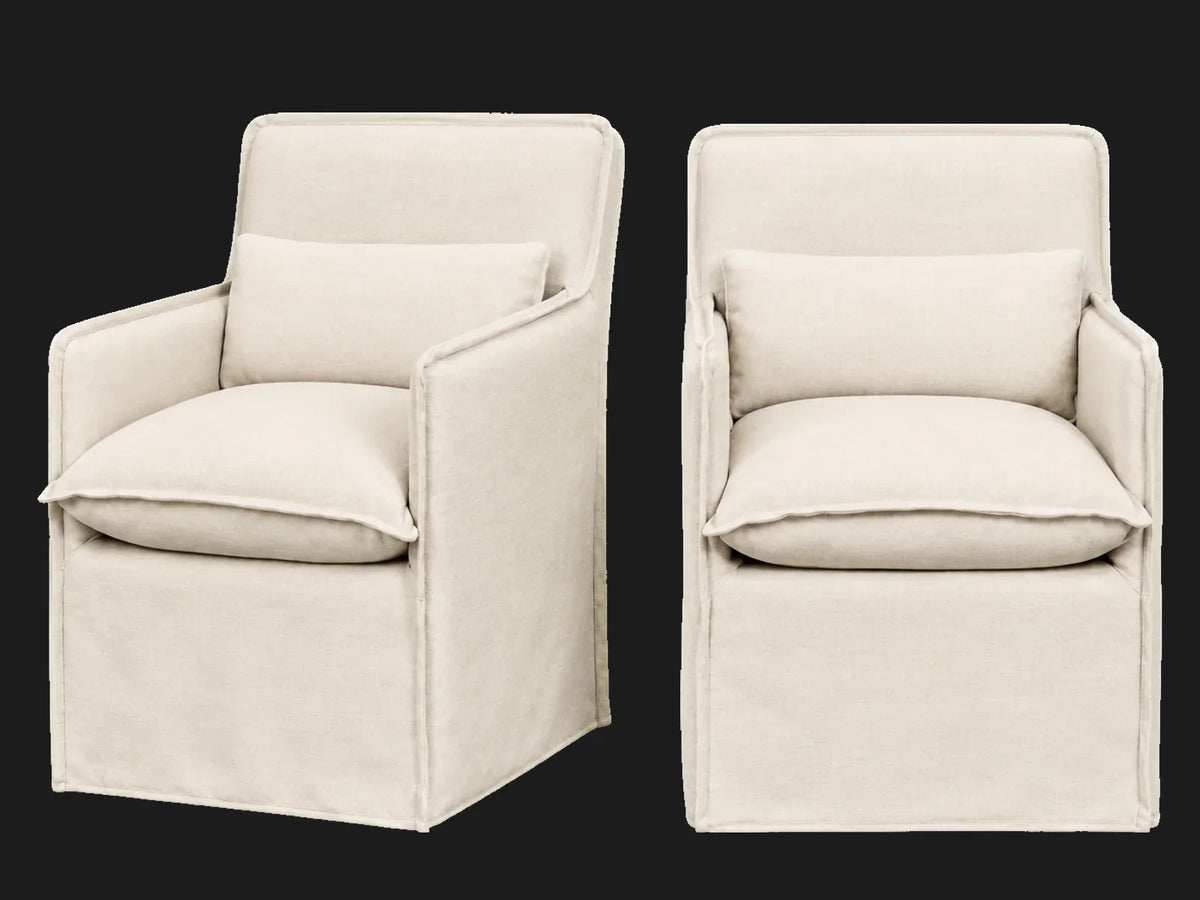 Melo Dining Chair 2-piece set in Performance Linen Weave Flour - front and three-quarter views