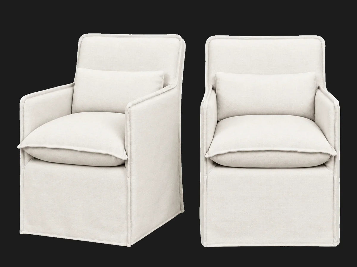 Melo Dining Chair 2-piece set in Performance Linen Weave Pure White - front and three-quarter views #Fabric & Color_Performance Linen Weave Pure White