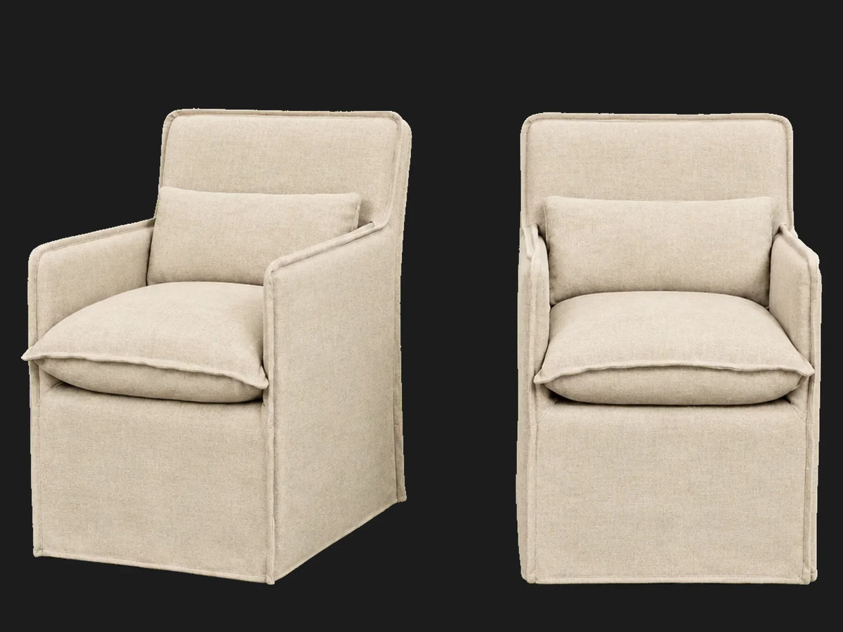 Melo Dining Chair 2-piece set in Performance Textural Weave Savanna - front and three-quarter views