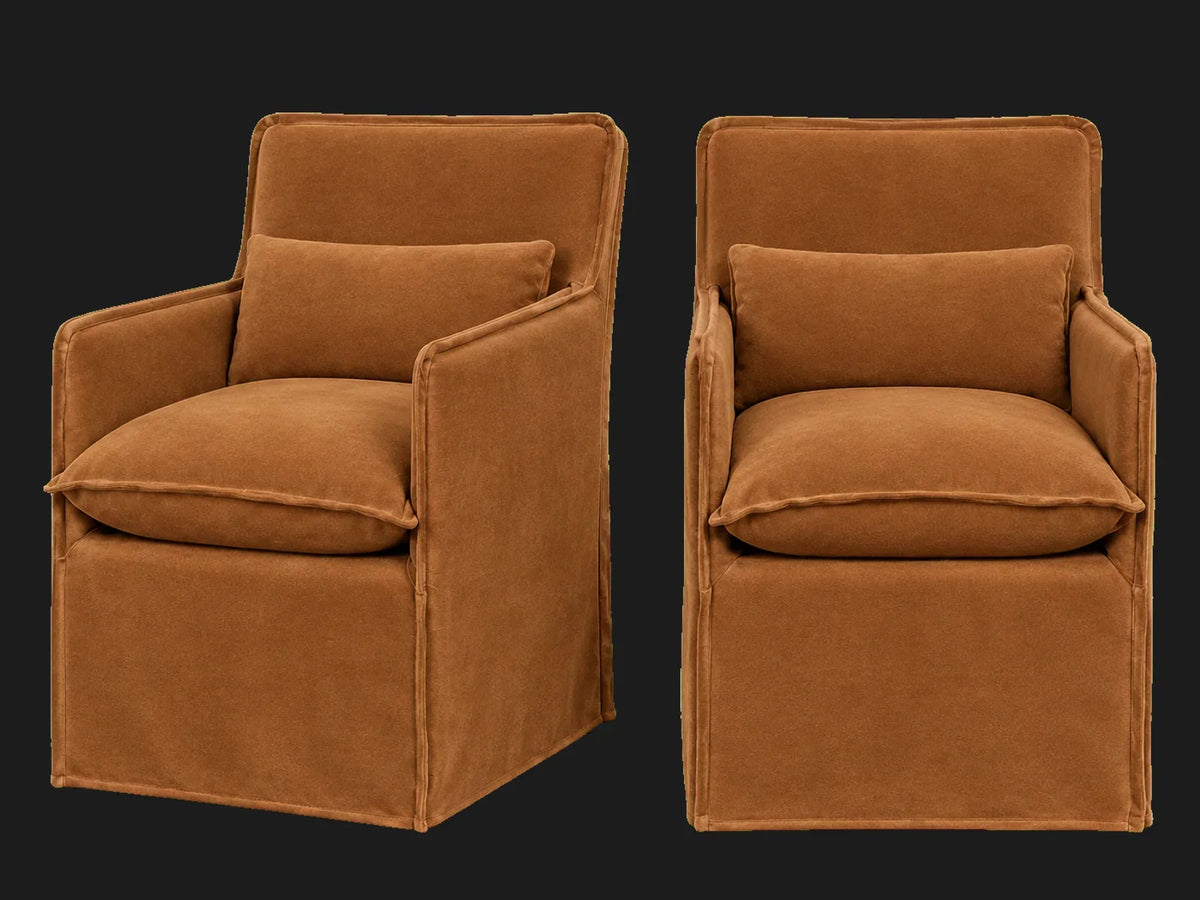 Melo Dining Chair 2-piece set in Performance Velvet Cider - front and three-quarter views