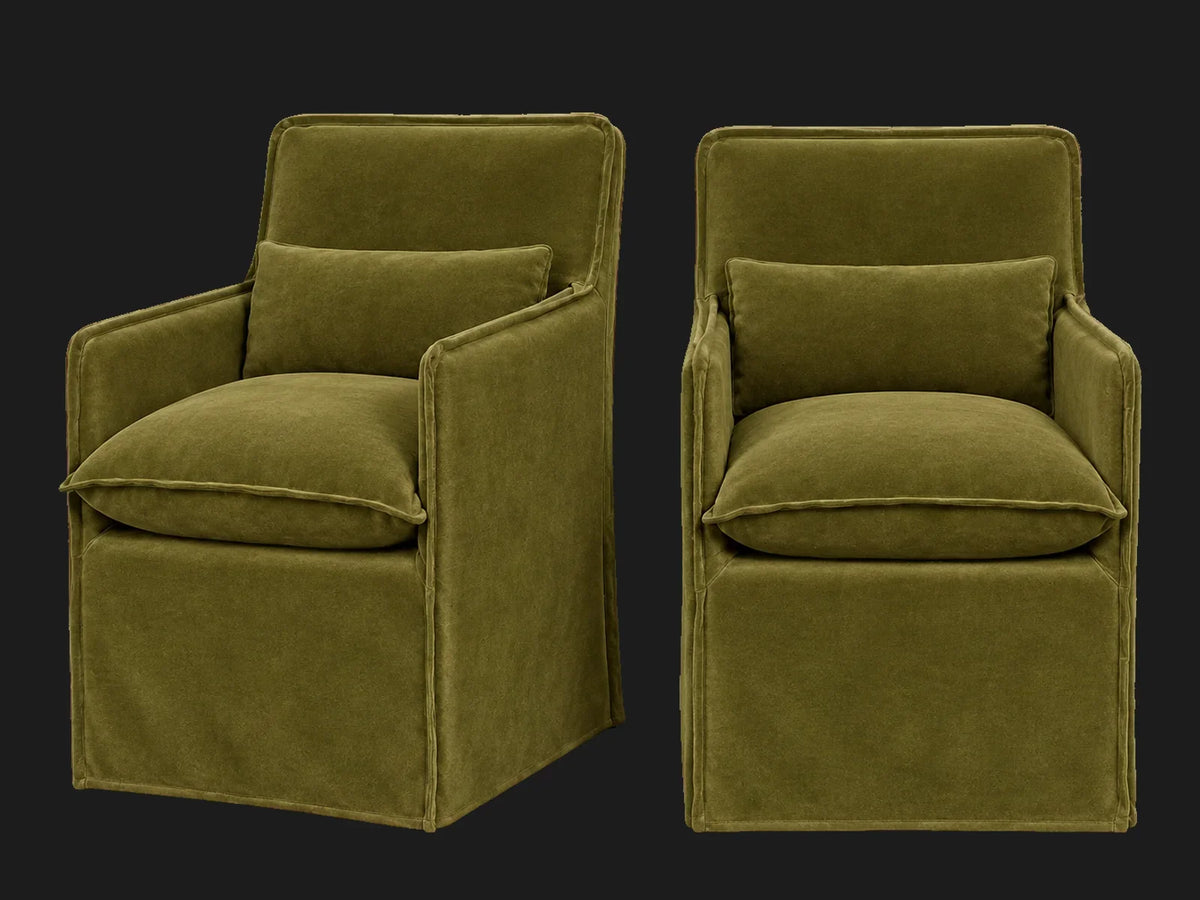 Melo Dining Chair 2-piece set in Performance Velvet Olive - front and three-quarter views #Fabric & Color_Performance Velvet Olive