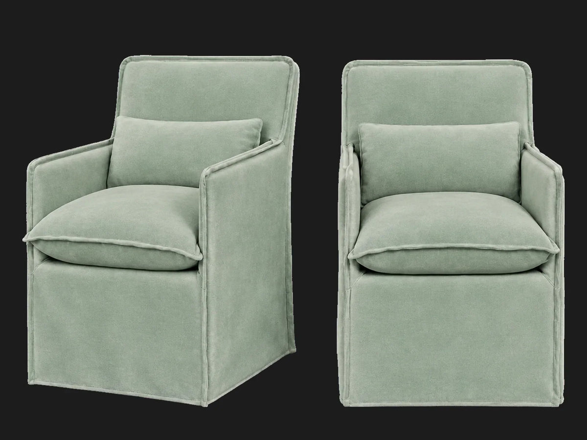 Melo Dining Chair 2-piece set in Performance Velvet Seafoam - front and three-quarter views #Fabric & Color_Performance Velvet Seafoam