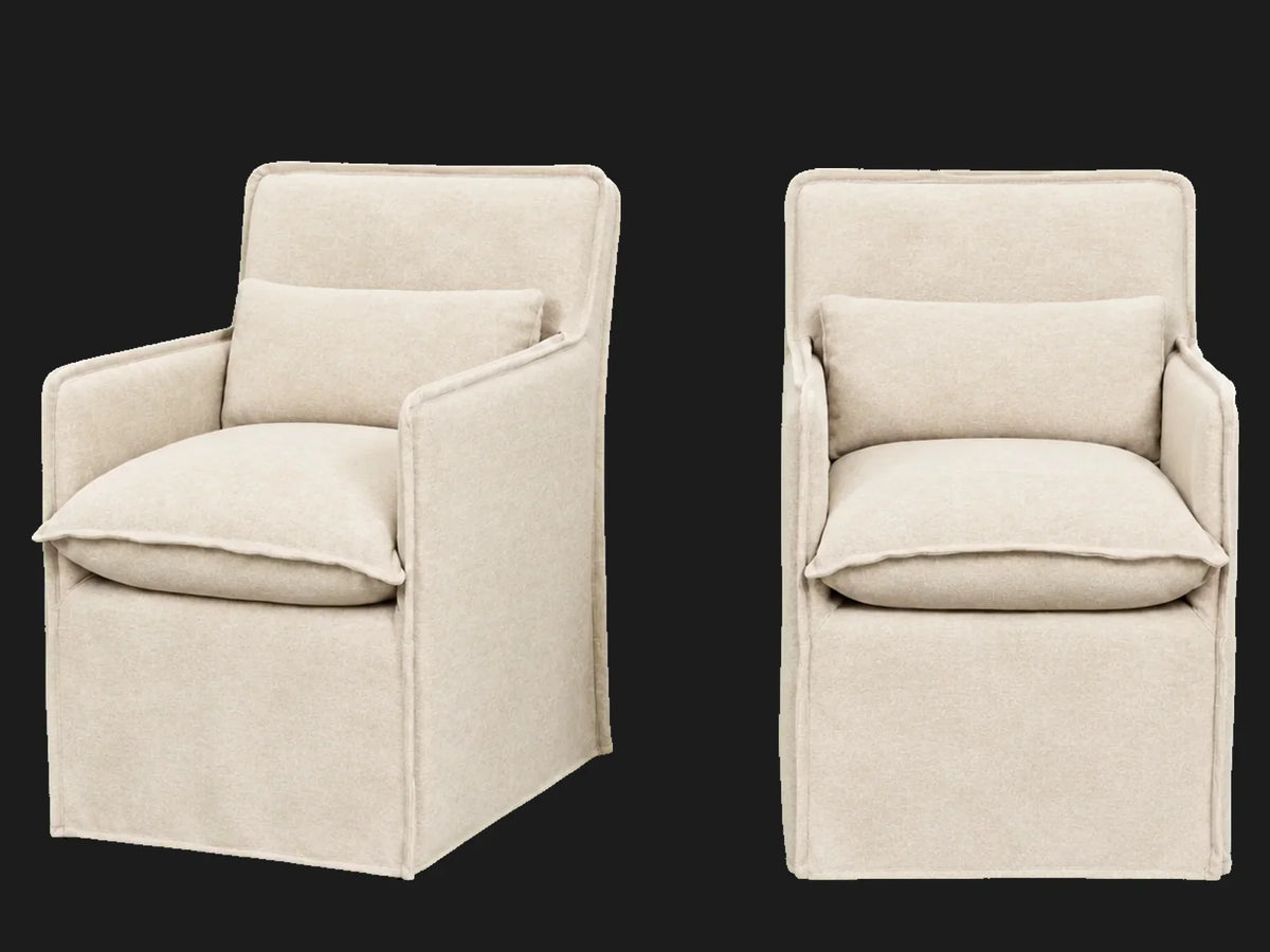 Melo Dining Chair 2-piece set in Performance Woven Chenille Desert - front and three-quarter views