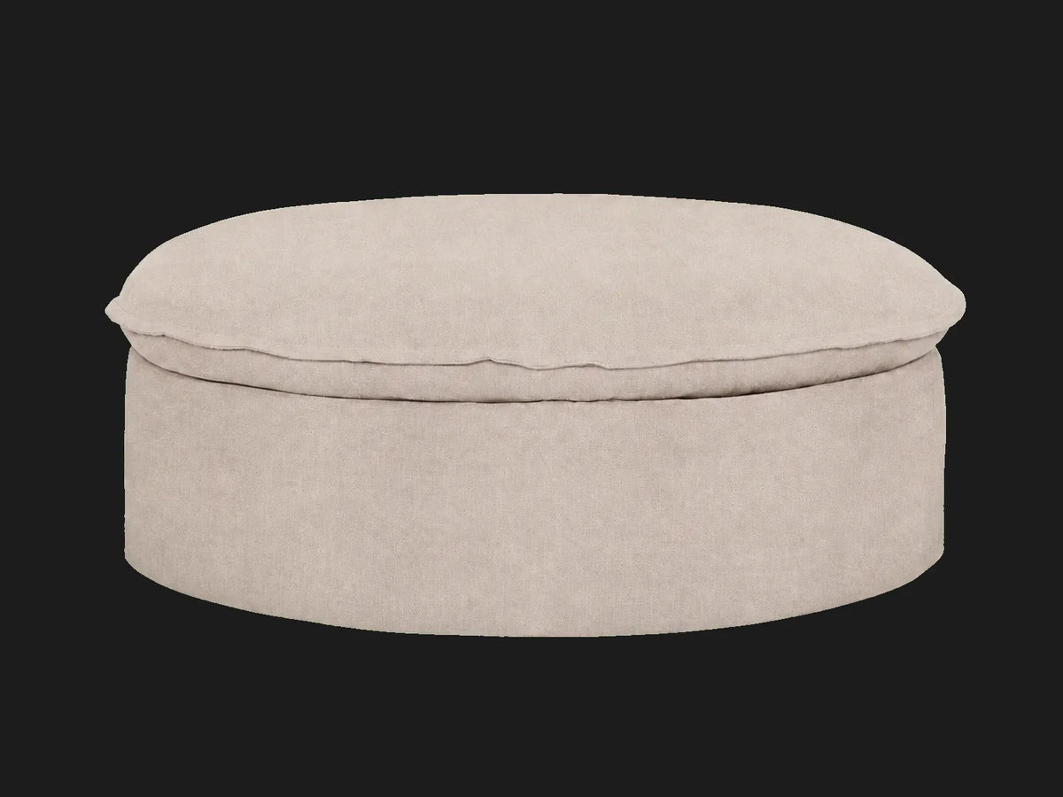 Neva Round Storage Ottoman in Performance Linen Weave Beige — front three-quarter view