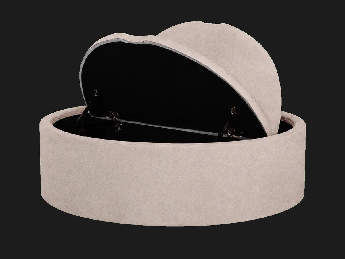Neva Round Storage Ottoman open — two interior storage compartments