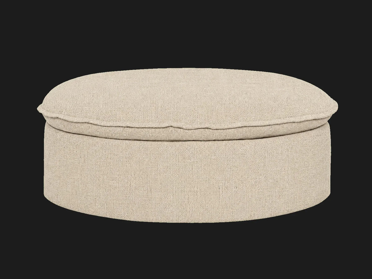 Neva Round Storage Ottoman in Performance Textural Weave Savanna