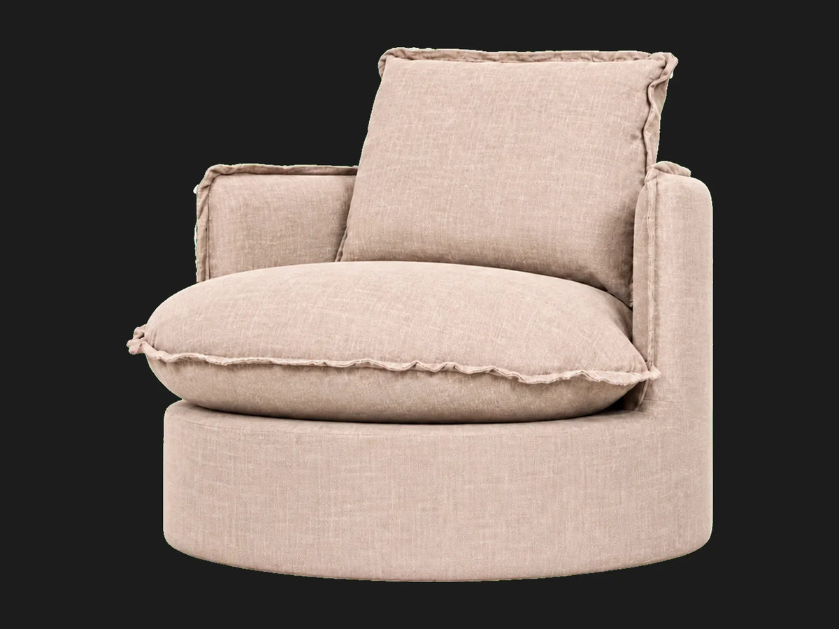 Neva Round Swivel Chair in Heritage Belgian Linen Petal, side view