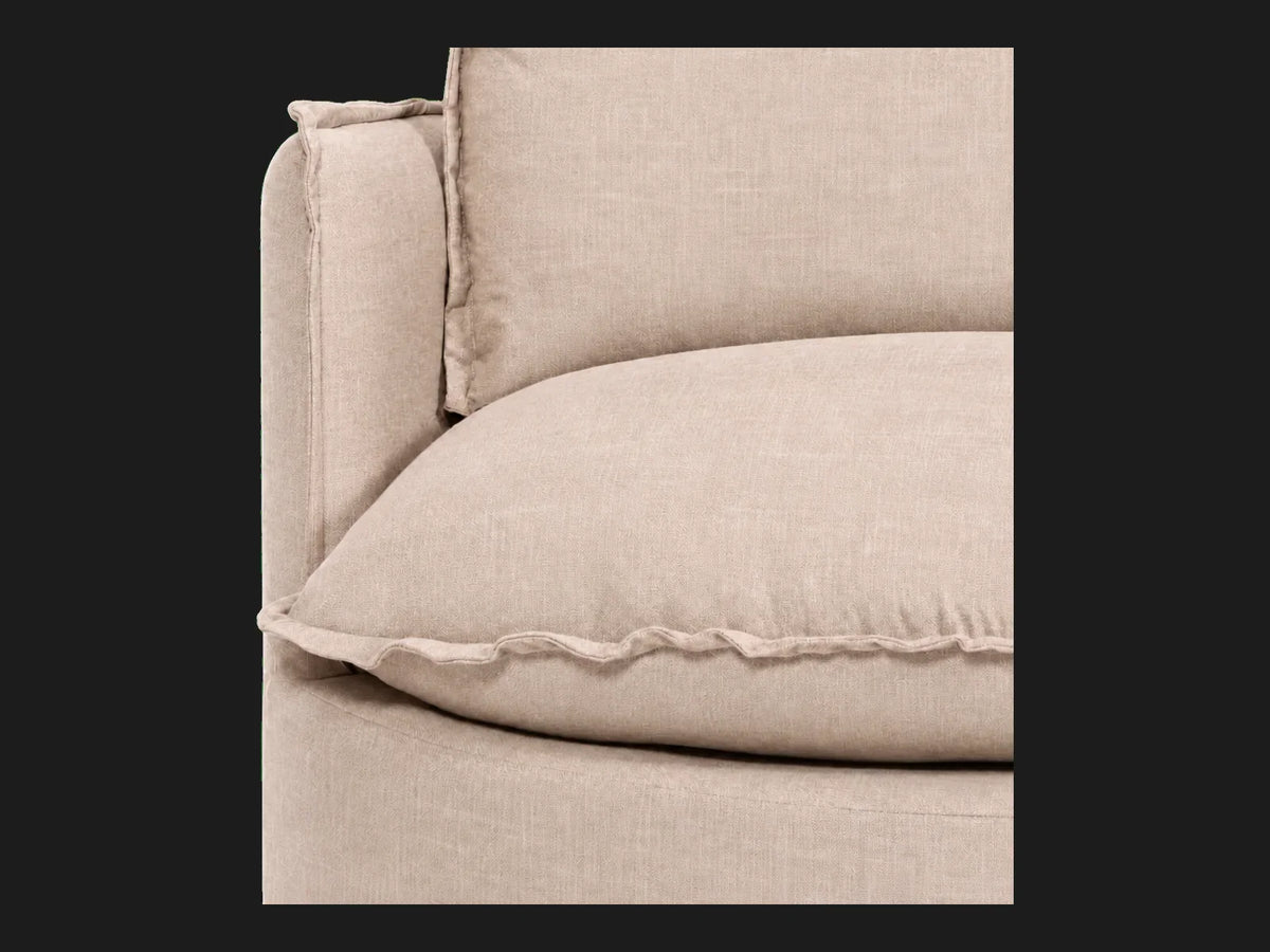Neva Round Swivel Chair in Heritage Belgian Linen Petal, arm and seat detail