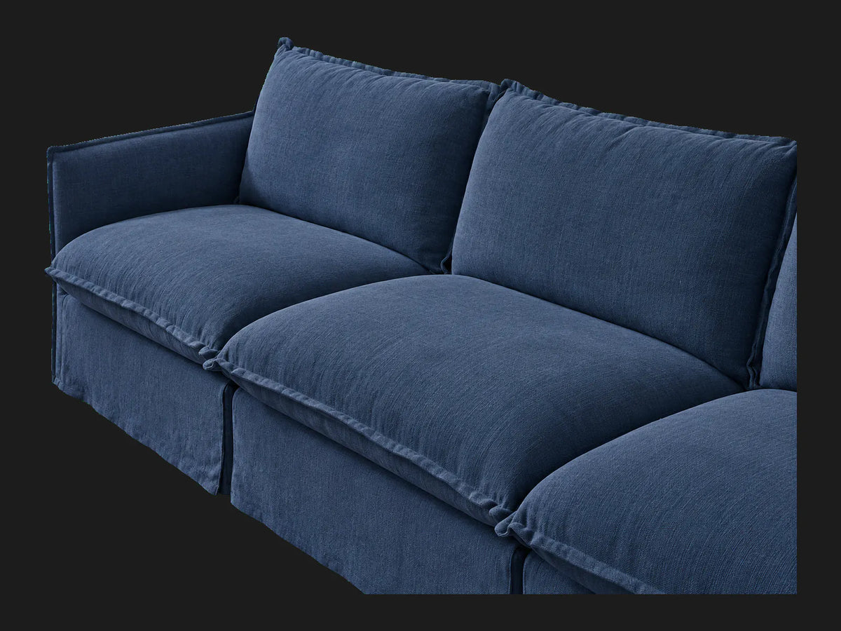 Neva Slipcovered Modular Sectional Sofa in Performance Linen Weave Bay — deep-seat detail