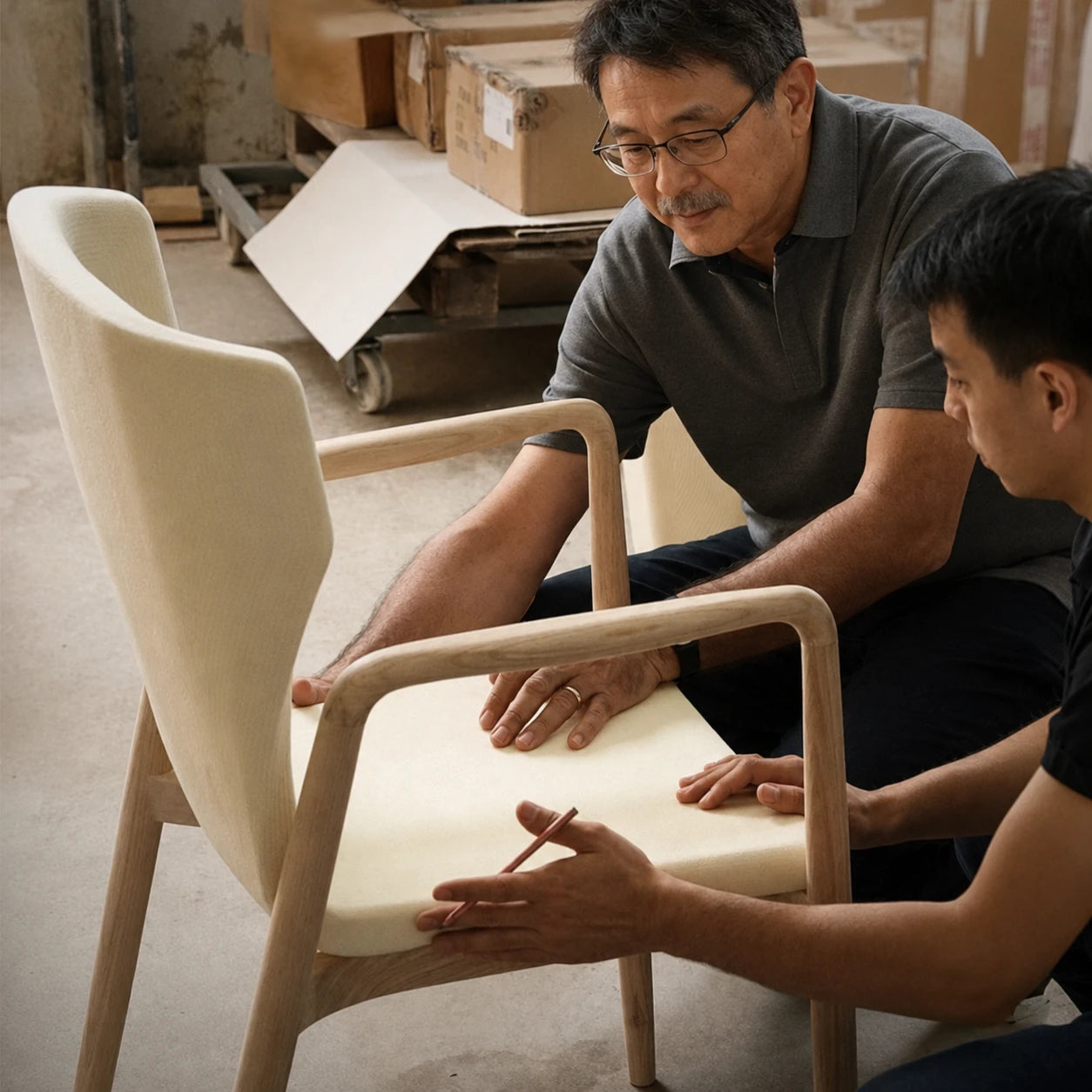 Chair seat and frame details being checked during furniture production