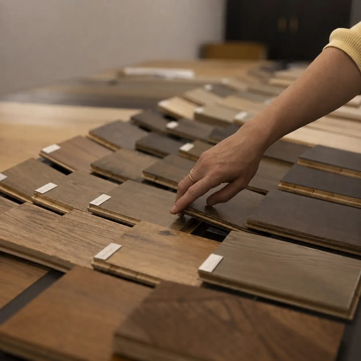 Wood finish samples being compared for a custom furniture order