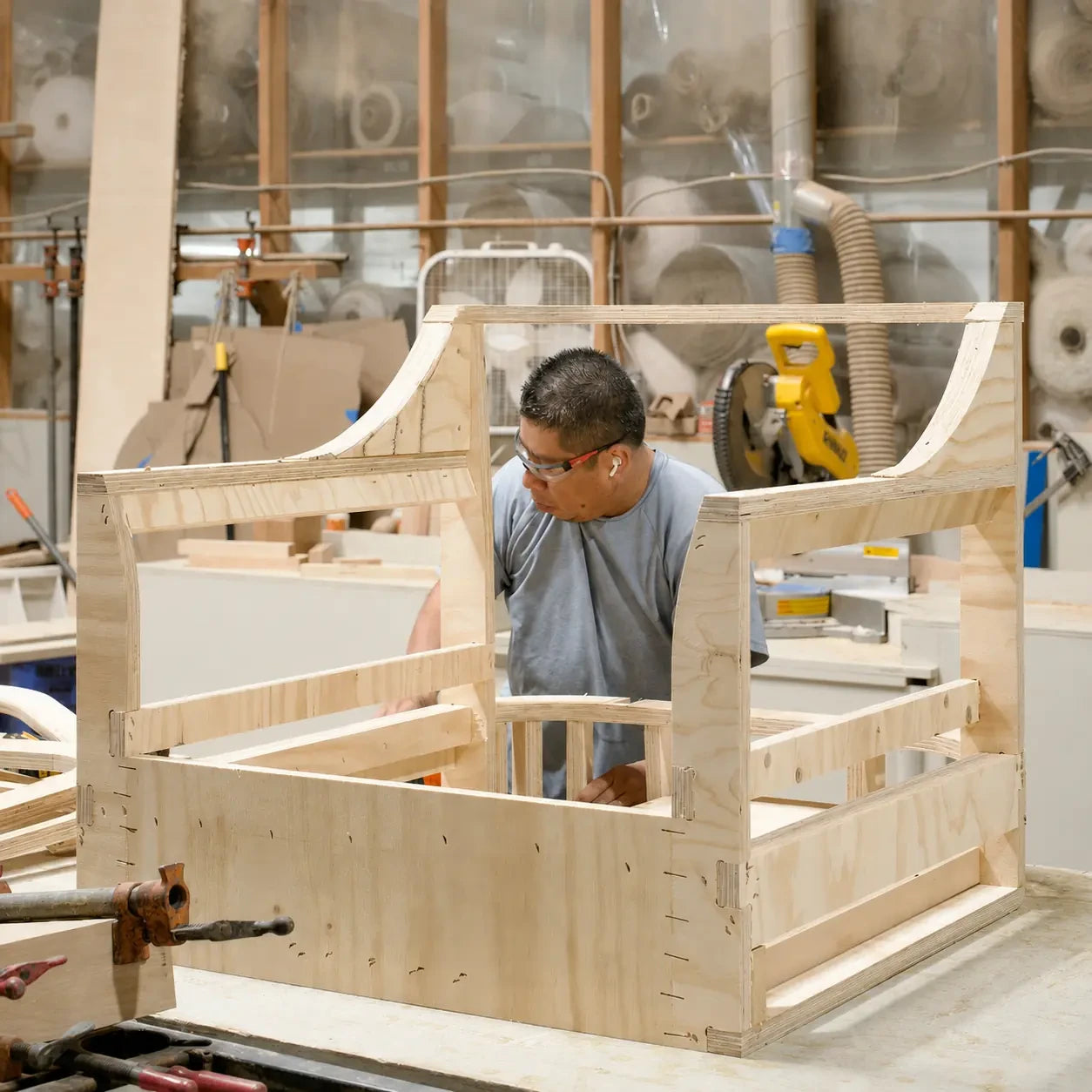 Wood furniture structure being followed during workshop assembly
