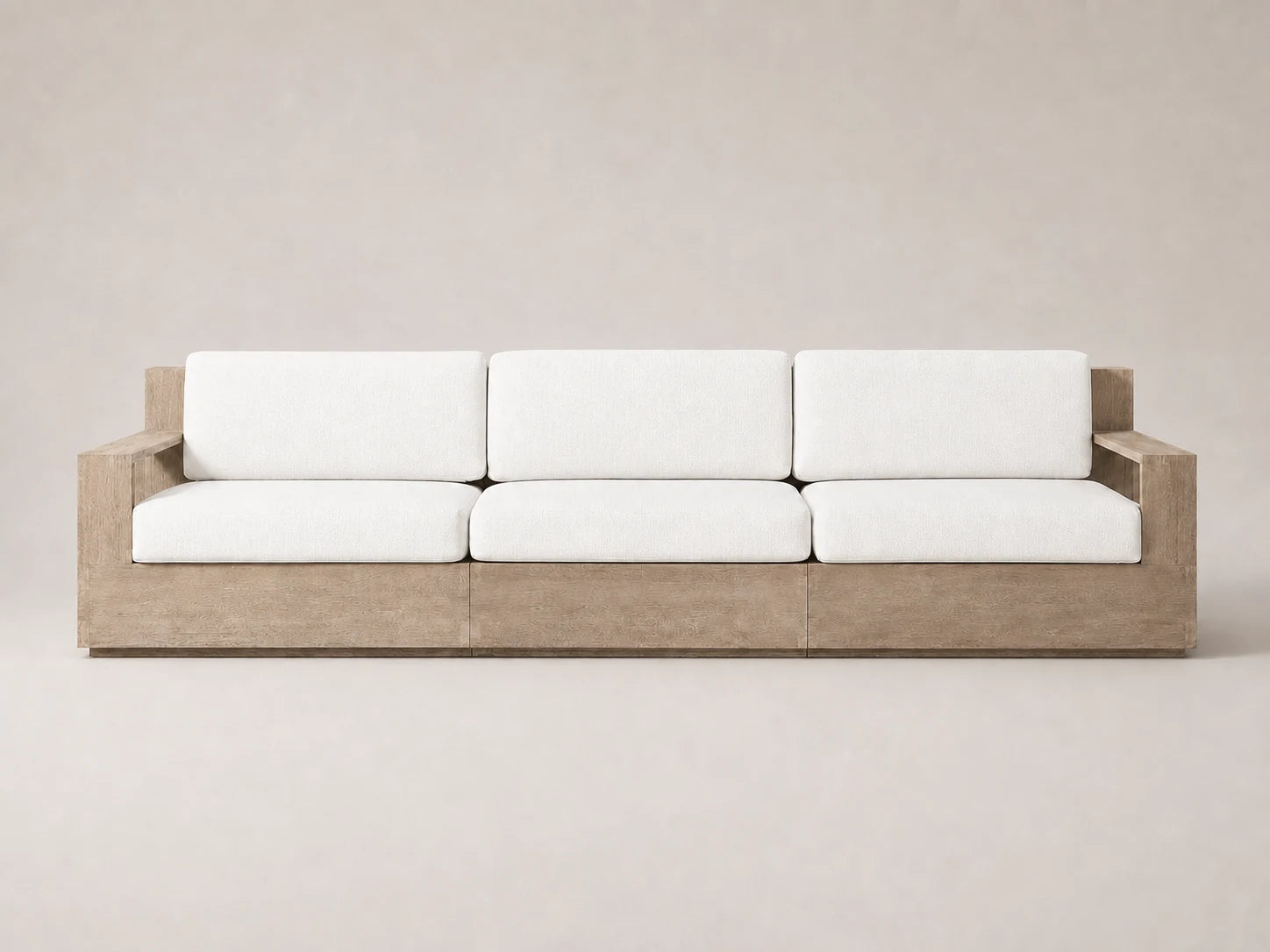 outdoor-three-seat-sofa-teak-frame-performance-fabric #Fabric & Color_Heritage Belgian Linen Egret