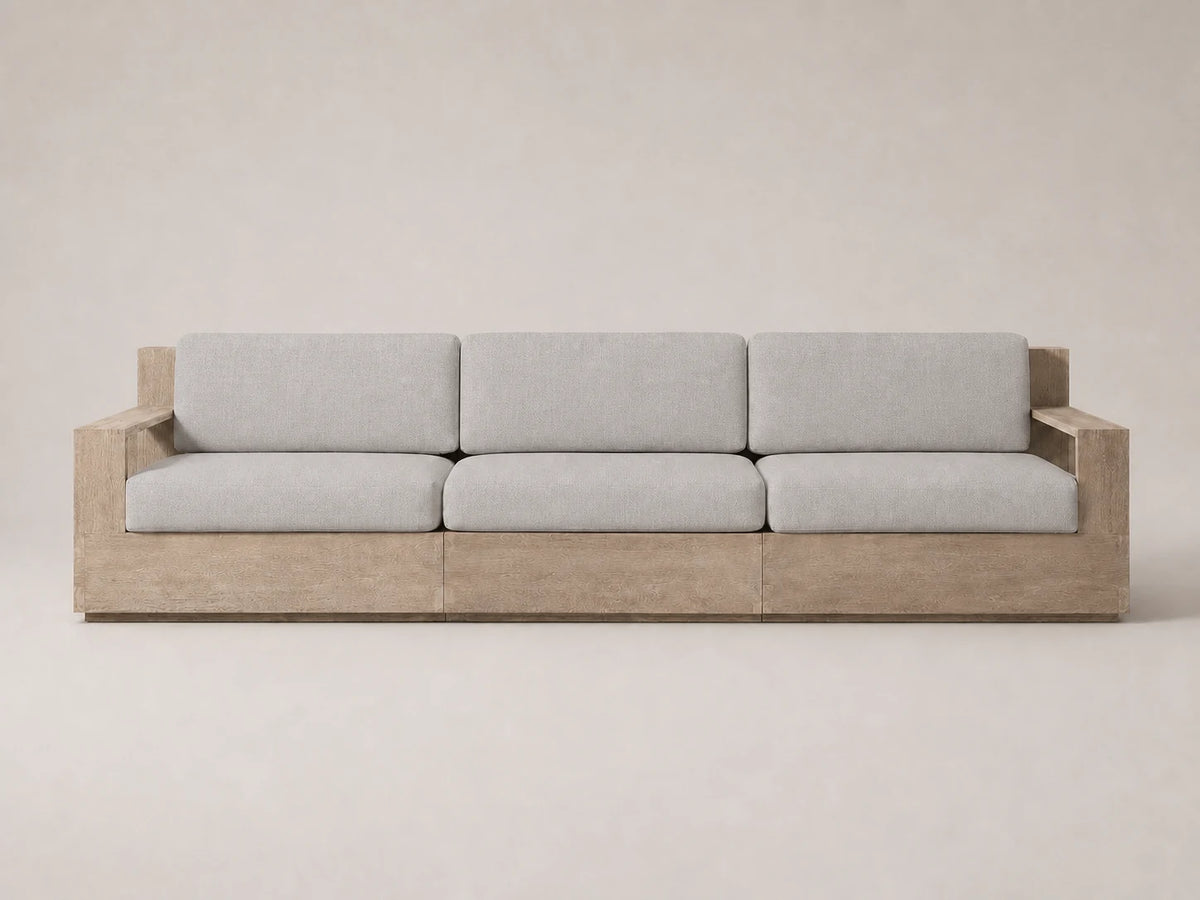 outdoor-three-seat-sofa-teak-frame-performance-fabric #Fabric & Color_Performance Linen Weave Cloud