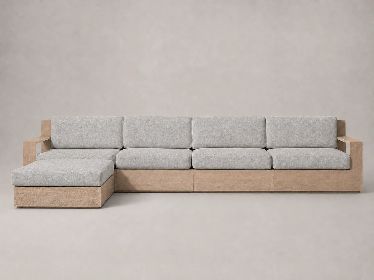 outdoor-chaise-sectional-teak-frame-performance-fabric #Fabric & Color_Heritage Belgian Linen Agate
