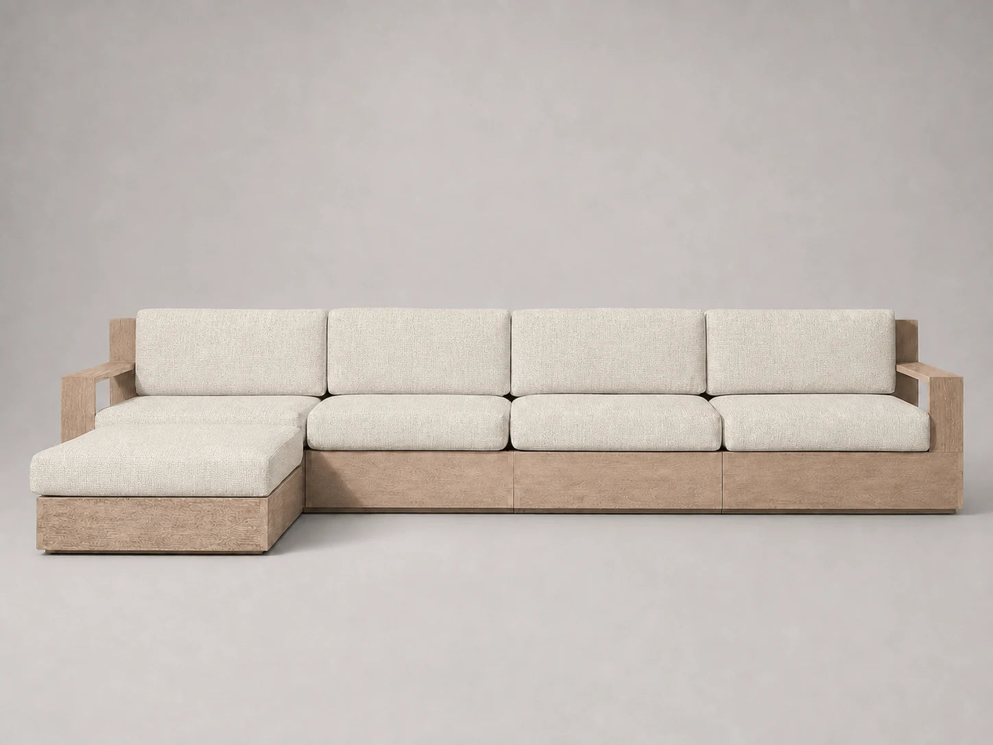 outdoor-chaise-sectional-teak-frame-performance-fabric #Fabric & Color_Heritage Belgian Linen Alder