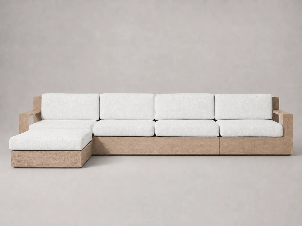 outdoor-chaise-sectional-teak-frame-performance-fabric #Fabric & Color_Heritage Belgian Linen Egret