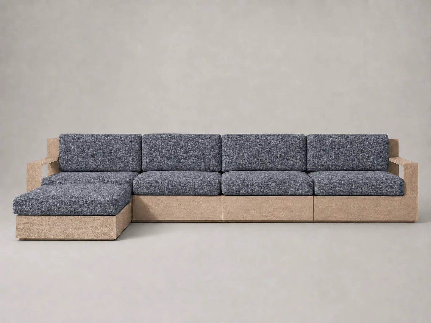outdoor-chaise-sectional-teak-frame-performance-fabric #Fabric & Color_Heritage Belgian Linen Lake