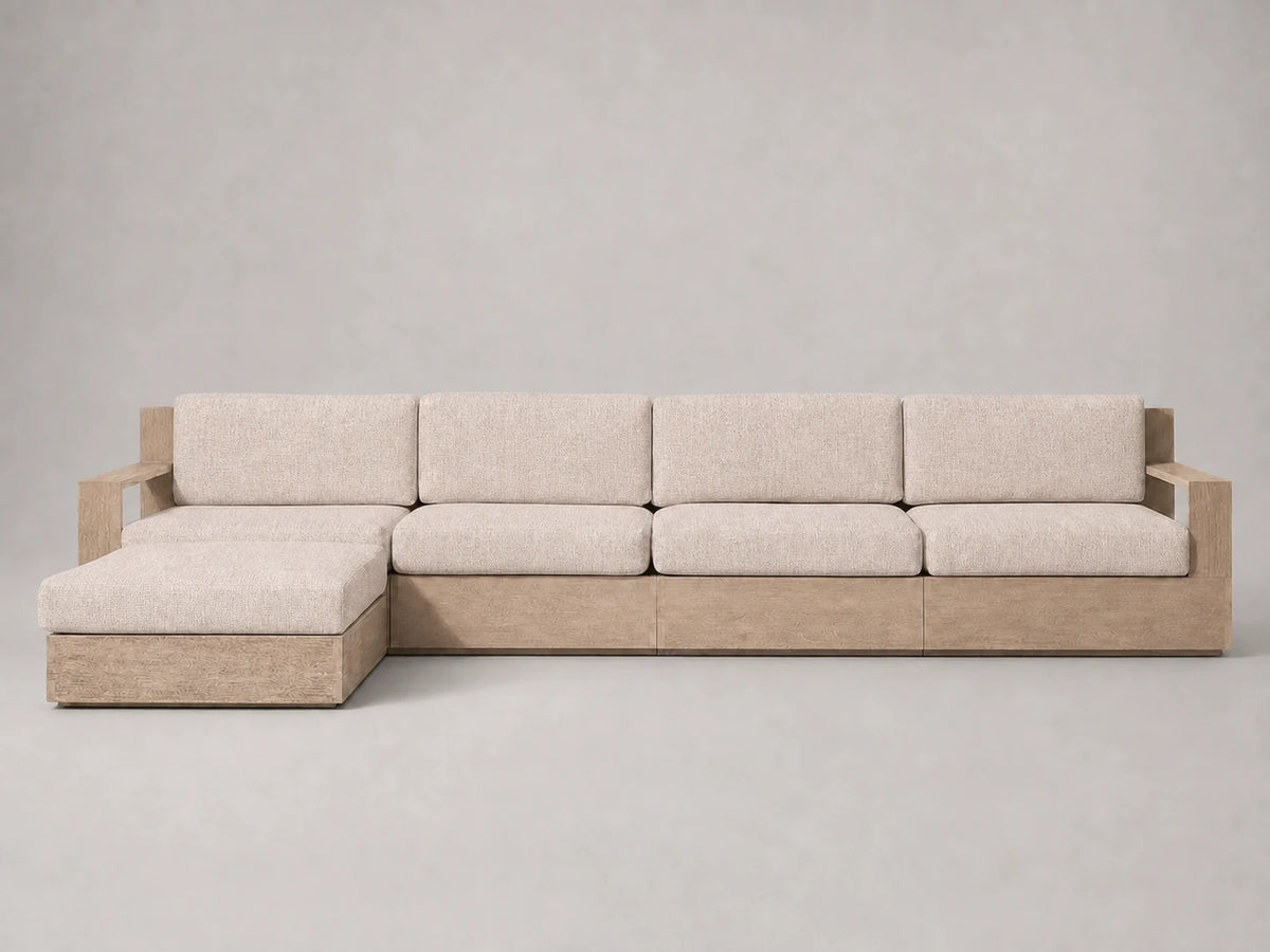 outdoor-chaise-sectional-teak-frame-performance-fabric #Fabric & Color_Heritage Belgian Linen Petal