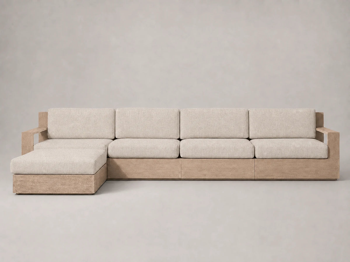 outdoor-chaise-sectional-teak-frame-performance-fabric #Fabric & Color_Performance Linen Weave Beige