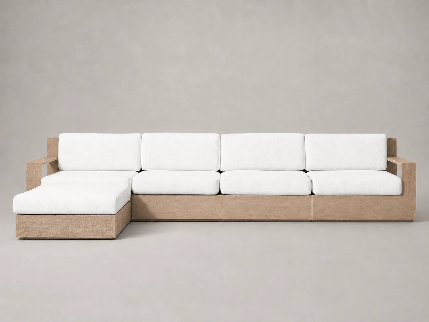 outdoor-chaise-sectional-teak-frame-performance-fabric #Fabric & Color_Performance Linen Weave Pure White