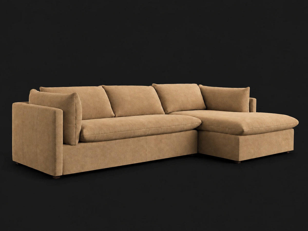 Palmetto Leather Chaise Sectional (121") — angled view, Right Chaise, Nubuck Leather Rye