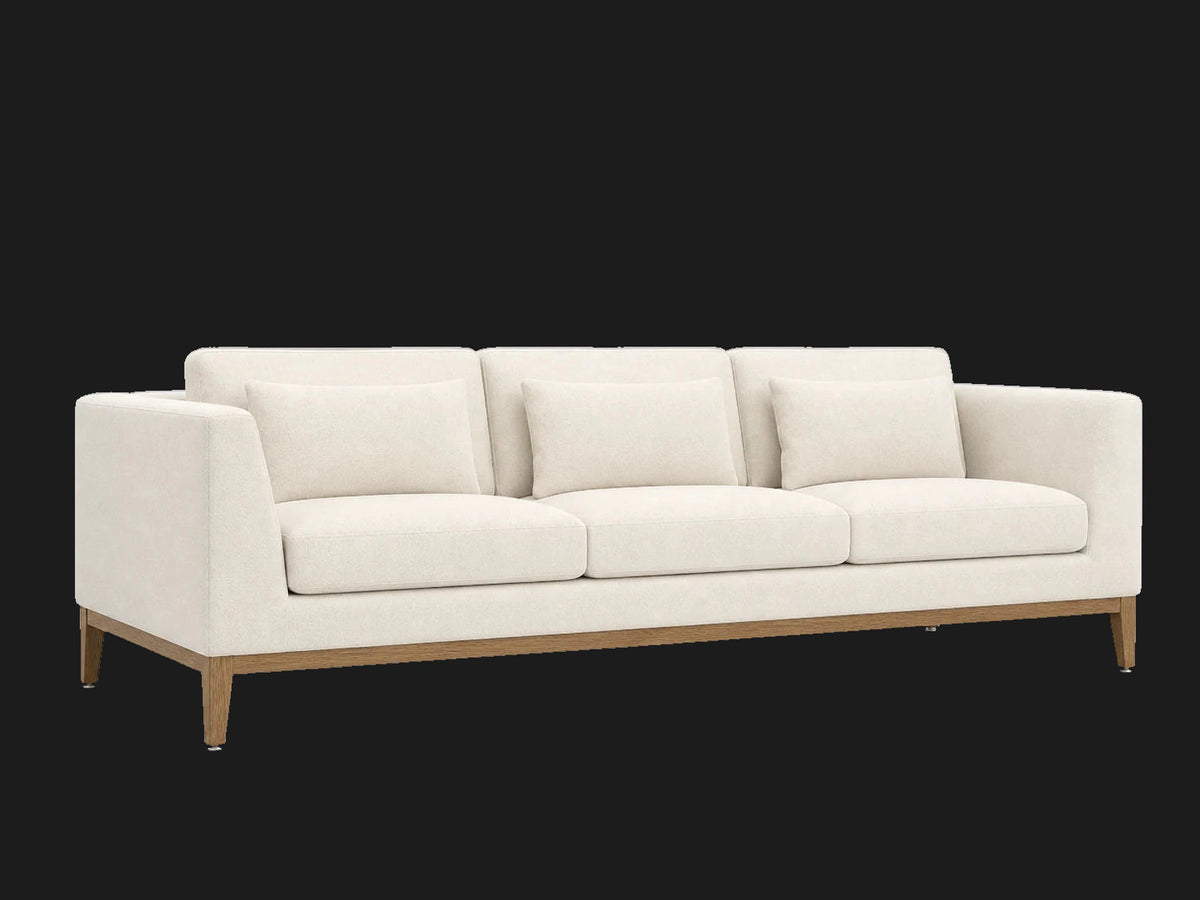 E310952588 sofa 45 left view in Italian Brushed Wool Vanilla with oak base