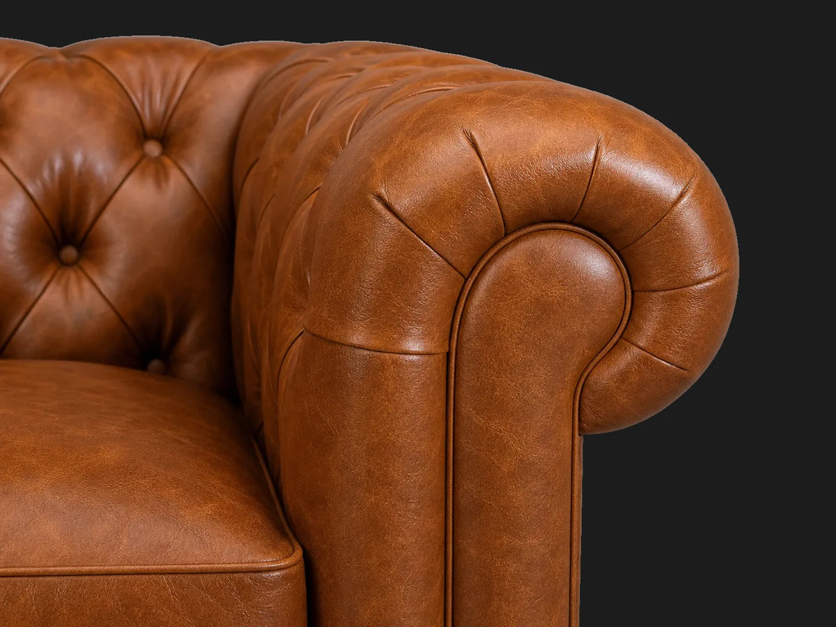 Chesterfield sofa rolled arm detail in cognac leather