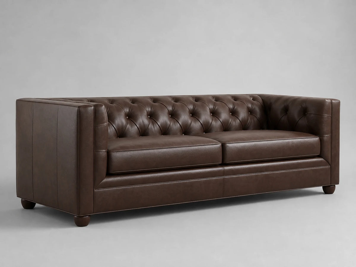 Chesterfield square arm leather sofa 45 degree left view in dark brown leather