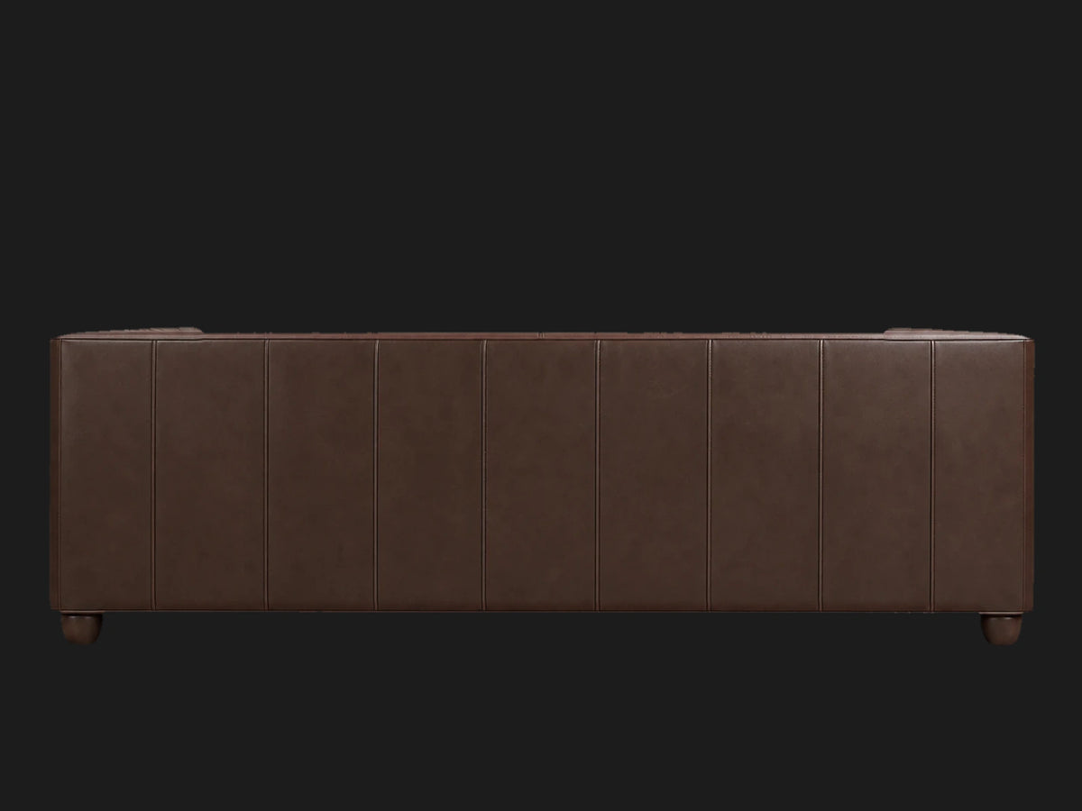Chesterfield square arm leather sofa back view in dark brown leather