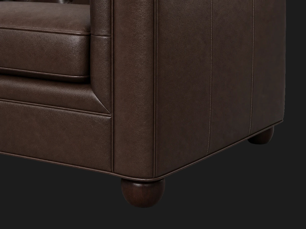 Chesterfield square arm leather sofa leg detail