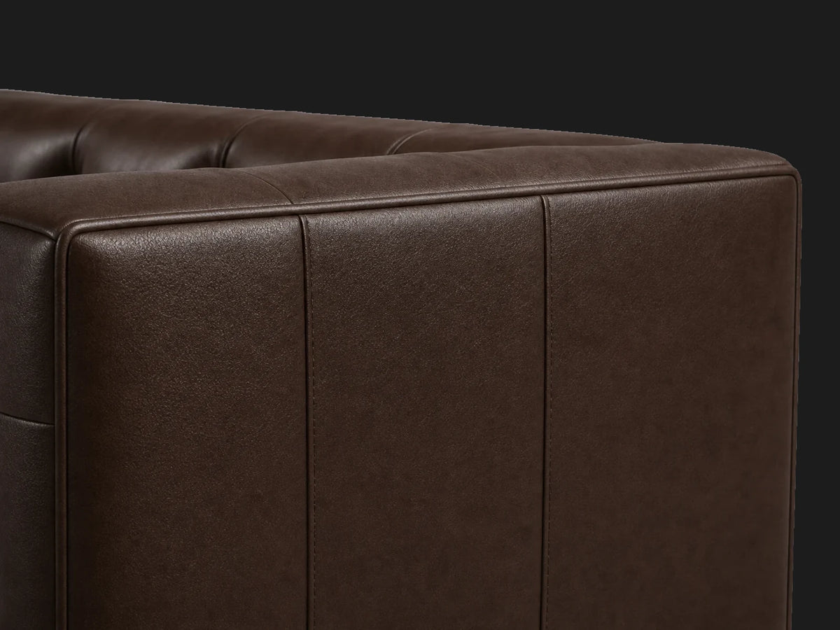 Chesterfield square arm leather sofa panel seams detail