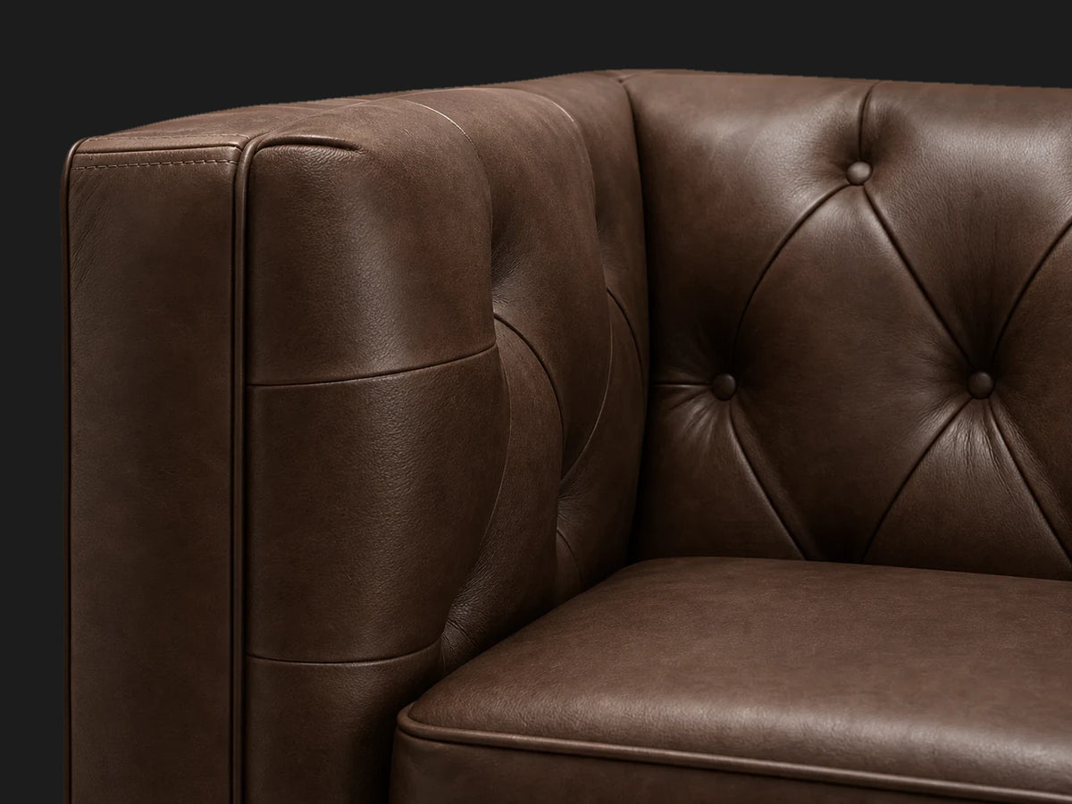 Chesterfield square arm leather sofa tufted arm detail
