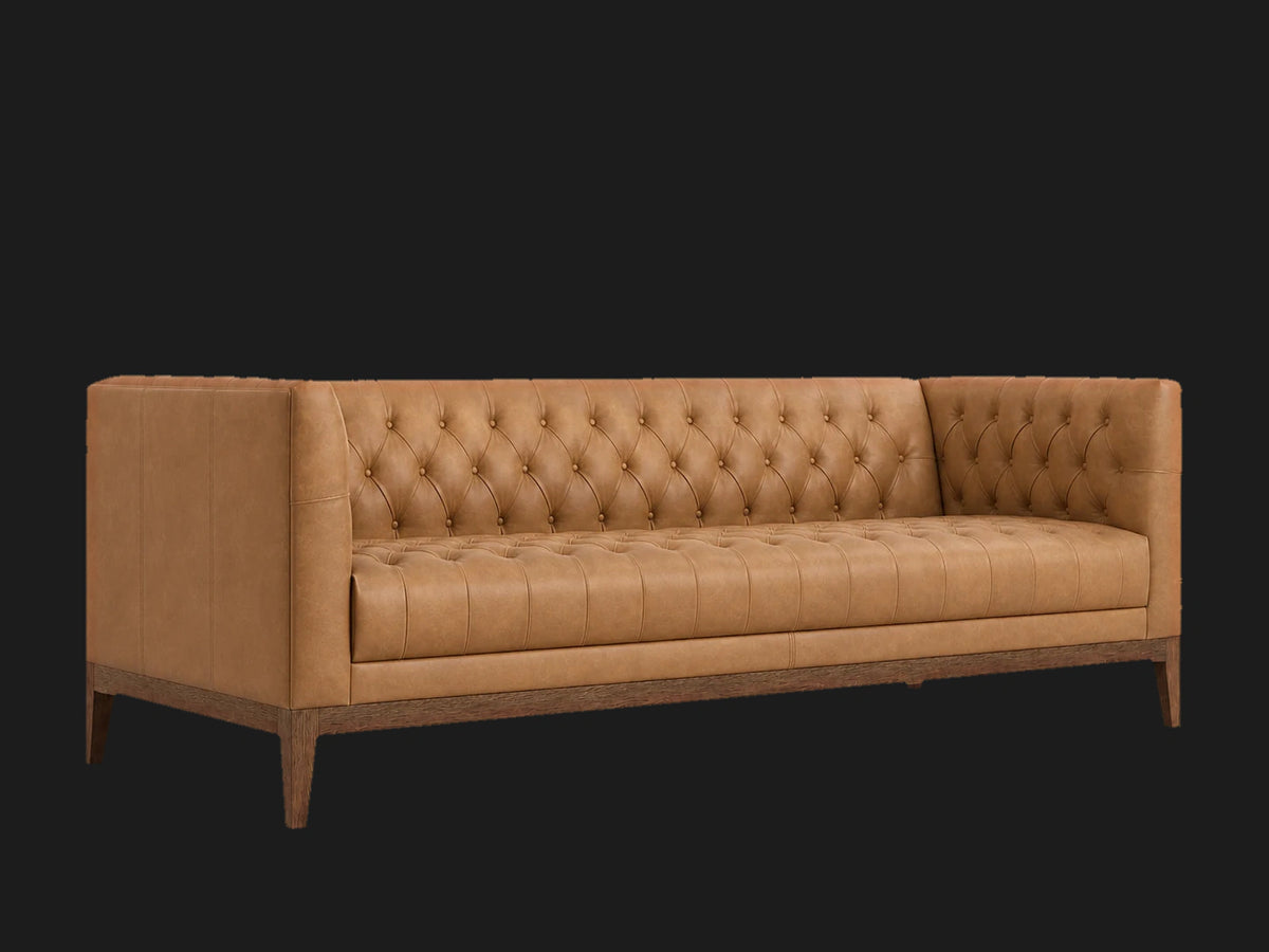 Edgewood leather sofa 45 degree left view in Costa Leather Nutmeg
