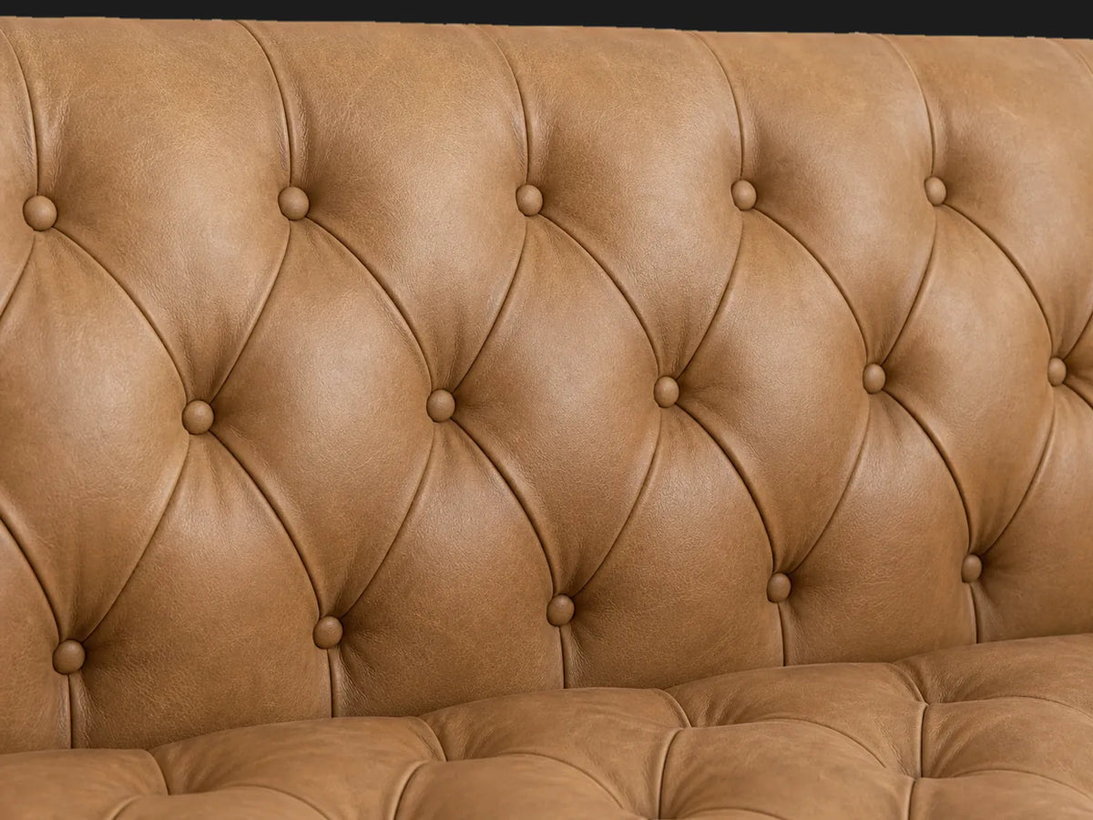 Edgewood leather sofa tufting detail in Costa Leather Nutmeg