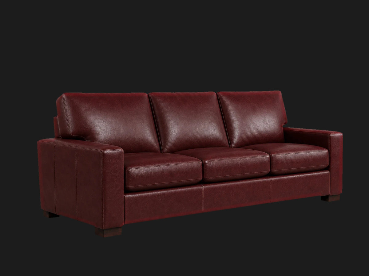 Turner sofa 45 degree left view in Oxblood aniline leather
