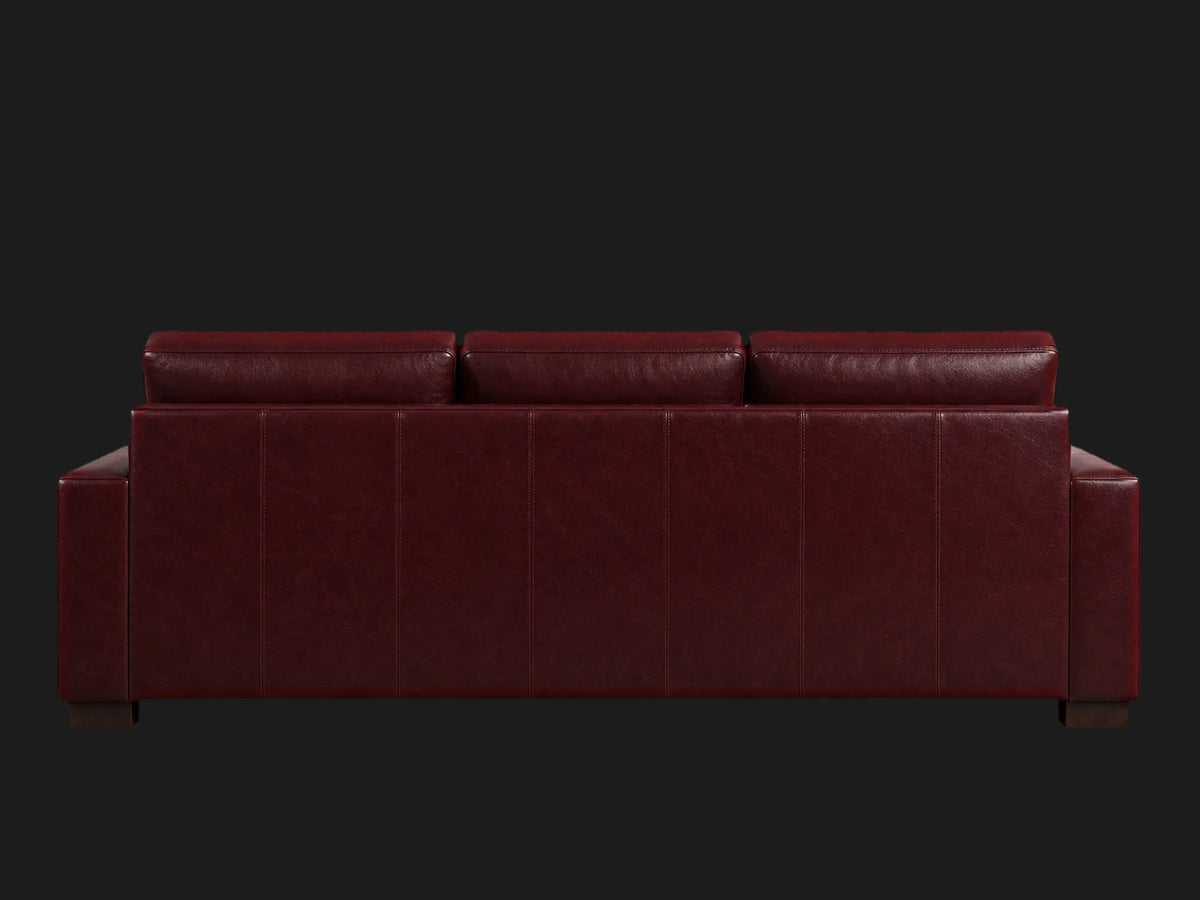 Turner sofa back view in Oxblood aniline leather