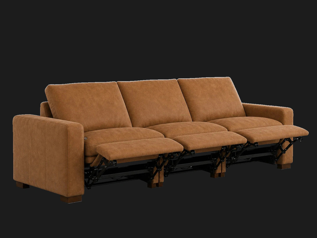 Westlake reclining sofa 45 degree open view in Nubuck Leather Saddle