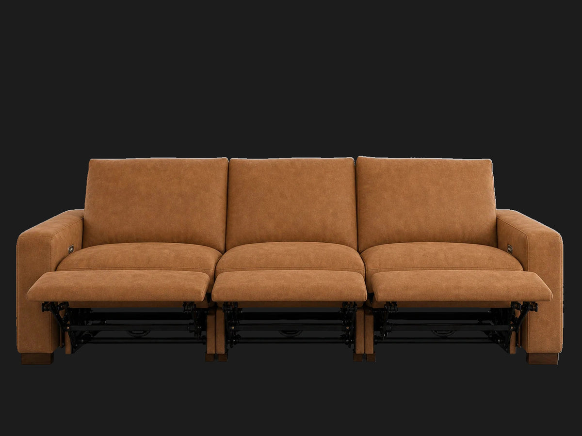 Westlake reclining sofa front open view in Nubuck Leather Saddle