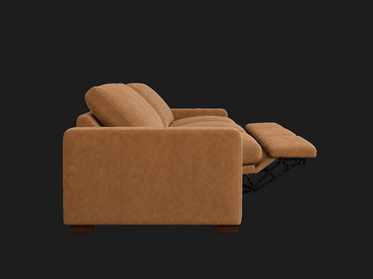 Westlake reclining sofa side open view in Nubuck Leather Saddle