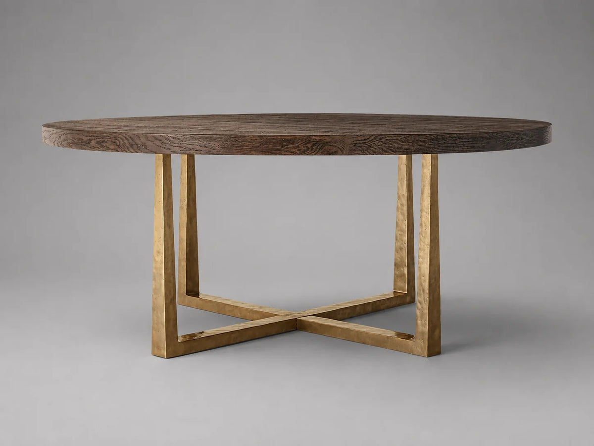 Round Oak Dining Table with Brass Base