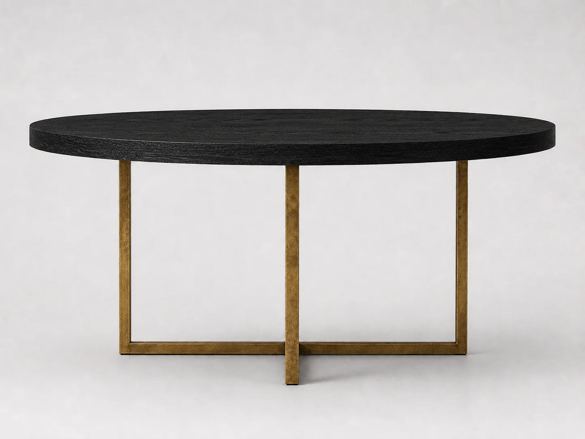 Round Solid Oak Dining Table with Brass Metal Base
