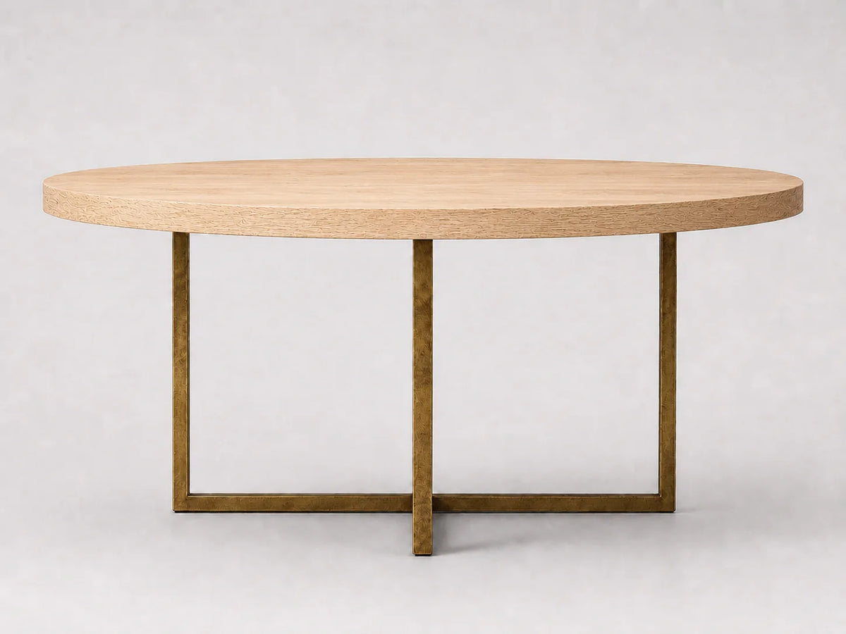 Round Solid Oak Dining Table with Brass Metal Base